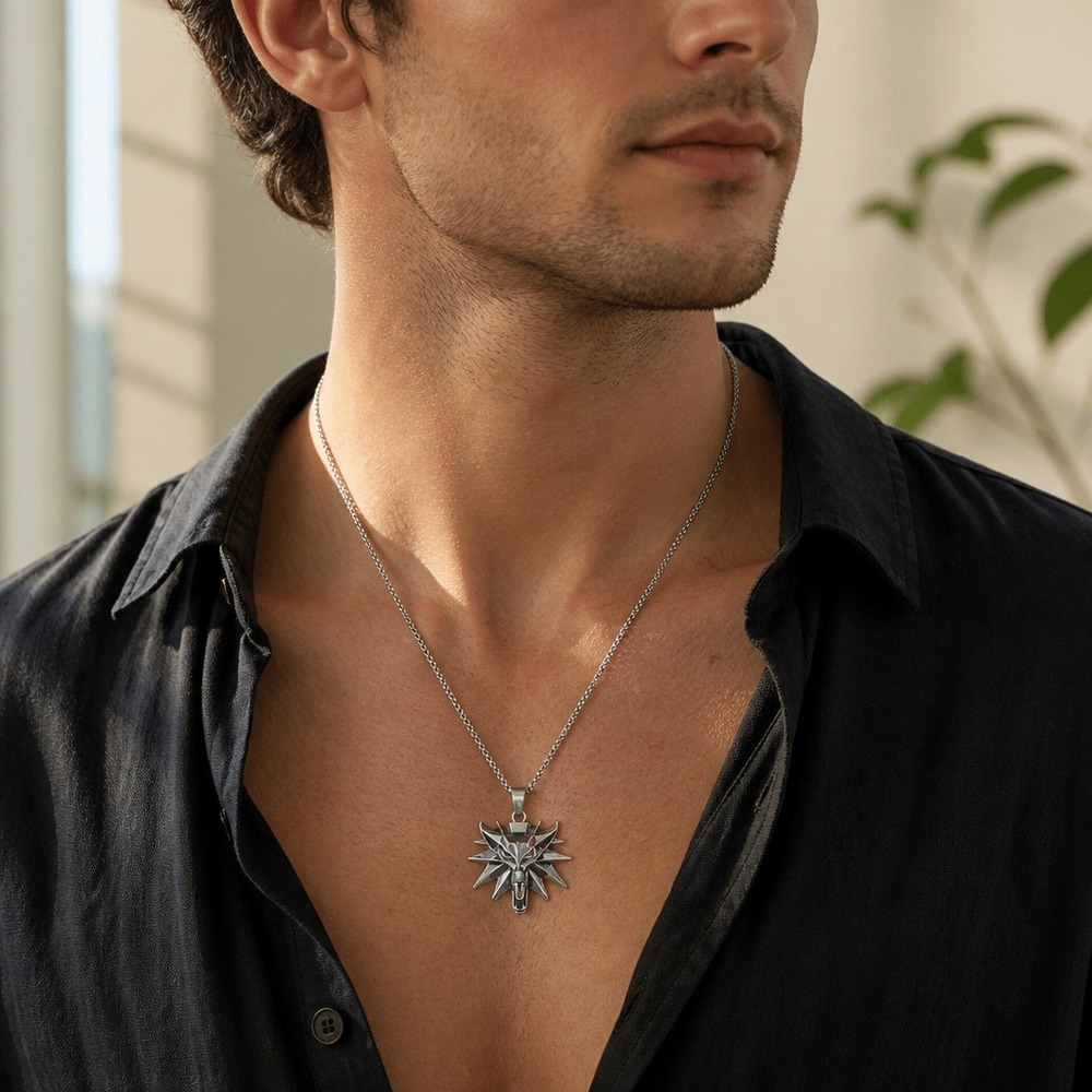 Stainless Steel 22" Witcher Wolf Head Medallion Necklace Pendant